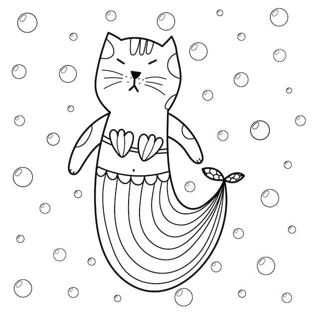 Desenho de gato sereia engraçado debaixo d'água para colorir personagem felino bonito impressão em estilo cartoon