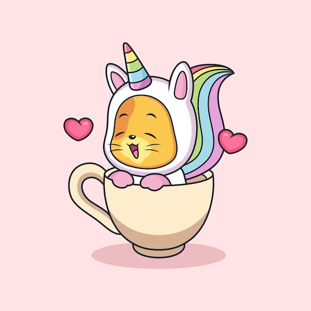 Desenho de gato unicórnio com xícara de café