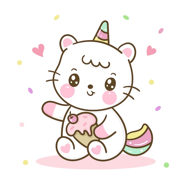 Desenho de gato unicórnio fofo com desenho à mão de sorvete kawaii