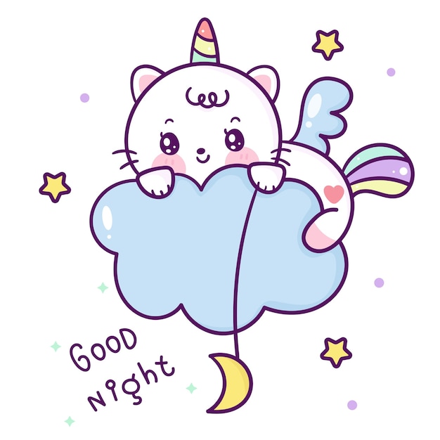 Desenho de gato unicórnio fofo pegando estrela no estilo nuvem kawaii