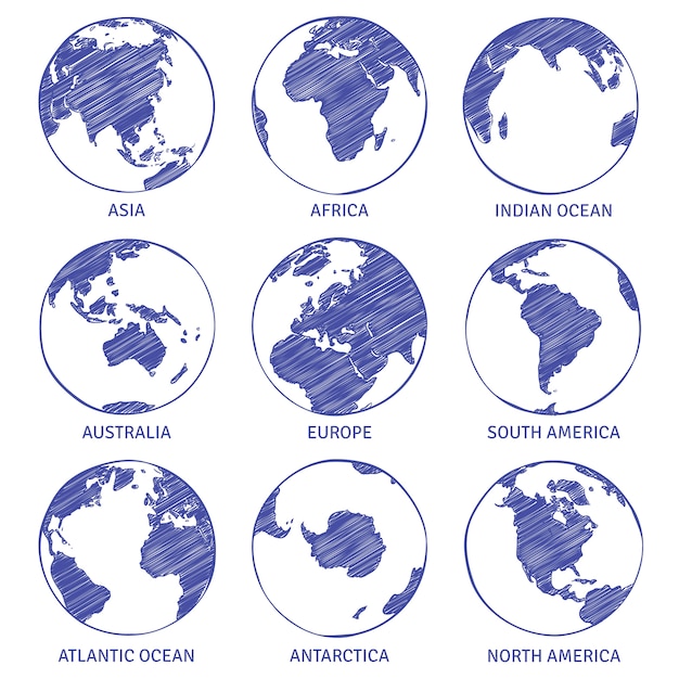 Vetor desenho de globo. mapa mundo mão desenhada globo, terra círculo conceito continentes contorno planeta oceanos terra esboços