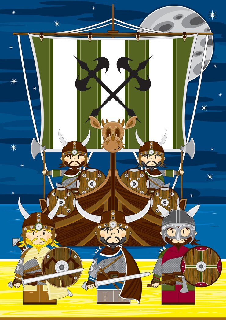 Vetor desenho de guerreiros vikings na praia com ilustração de história nórdica de barco longo