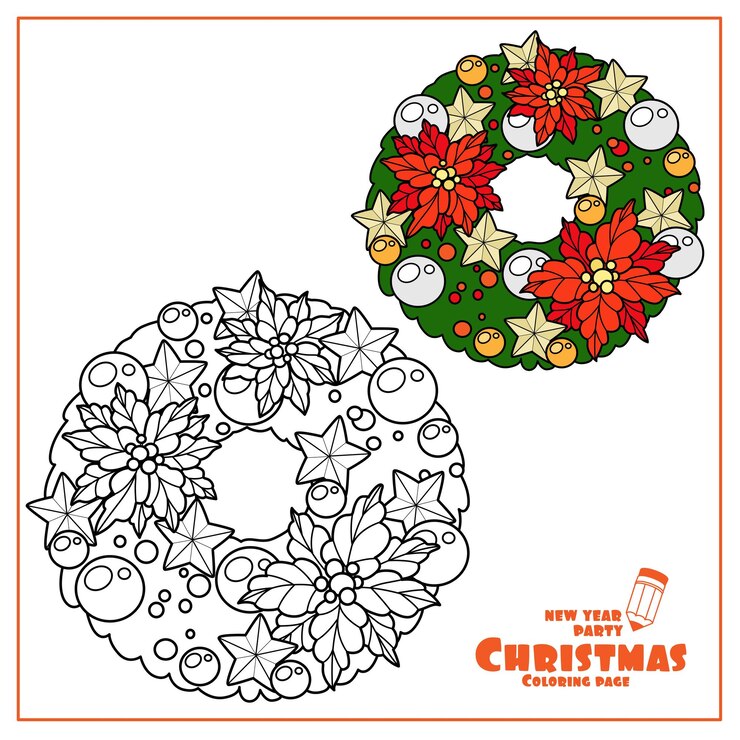 Vetor desenho de guirlanda de natal com bolas e azevinho vermelho e delineado para colorir