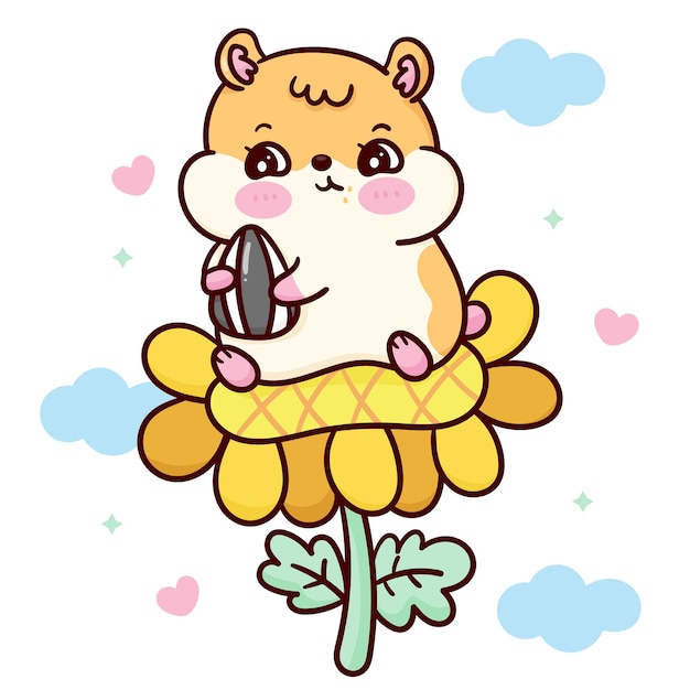 Vetor desenho de hamster fofo comendo sol flor semente ilustração animal kawaii