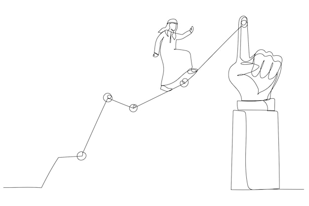 Desenho de homem árabe correndo para cima em um gráfico de linha apontado por uma mão gigante estilo de arte de linha única