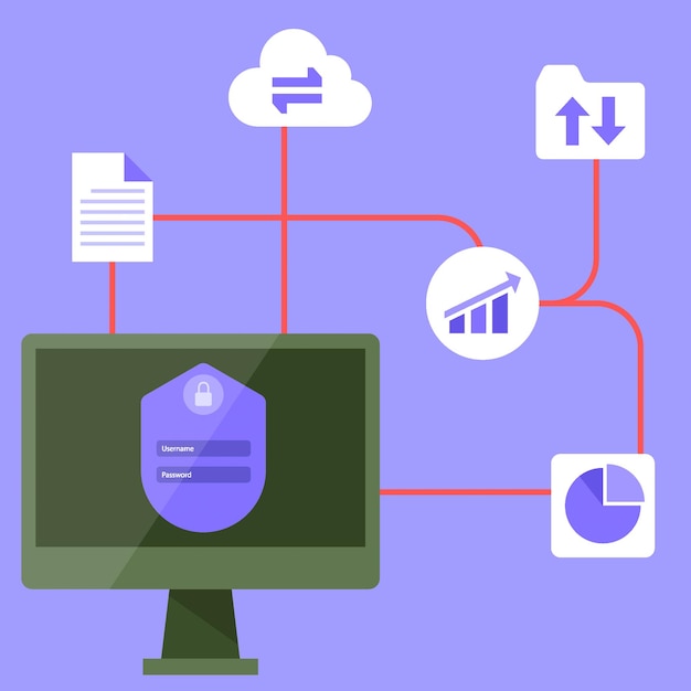 Vetor desenho de ícone de design plano de armazenamento em nuvem on-line de acesso a senha de computador