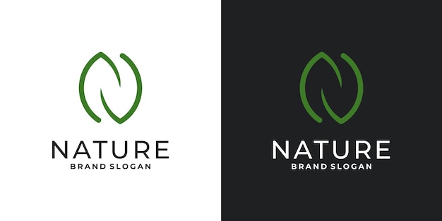 Desenho de ícone de logotipo de folha natural letra N Desenho artístico de linha de folha formando letra N