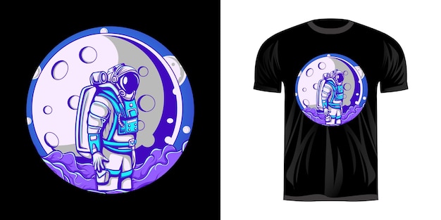 Desenho de ilustração de astronauta e vista da lua para desenho de camiseta
