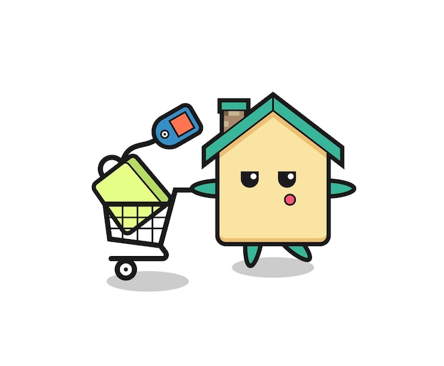 Desenho de ilustração de casa com um carrinho de compras, design fofo