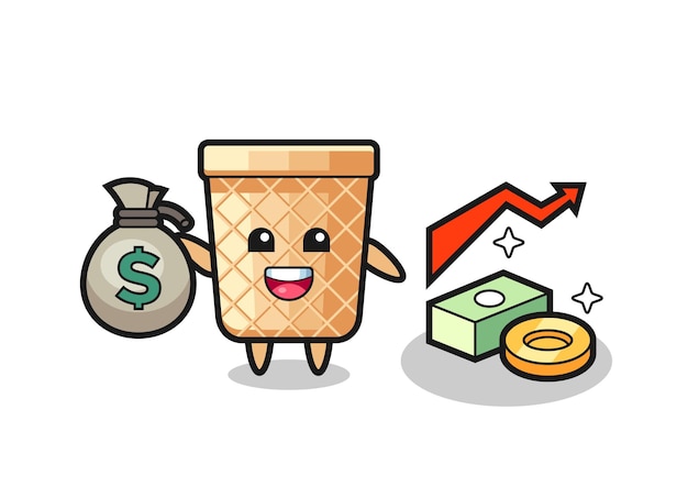 Desenho de ilustração de cone waffle segurando um saco de dinheiro, design fofo