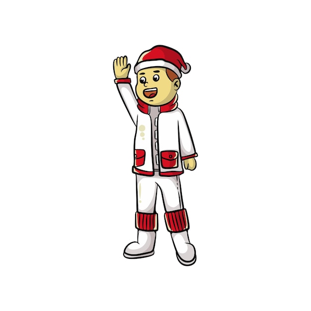 Desenho de ilustração de desenho animado de criança bonita feliz celebrando o natal usando roupas e chapéu de papai noel