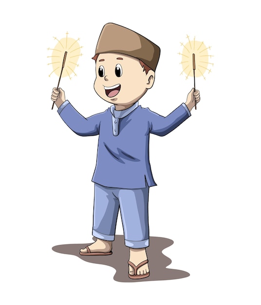 Vetor desenho de ilustração de desenho animado de um menino bonito brincando com fogos de artifício na noite do ramadan