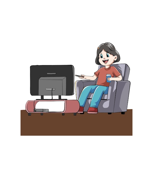 Desenho de ilustração de desenho animado de uma garota gostando de assistir a um programa de tv