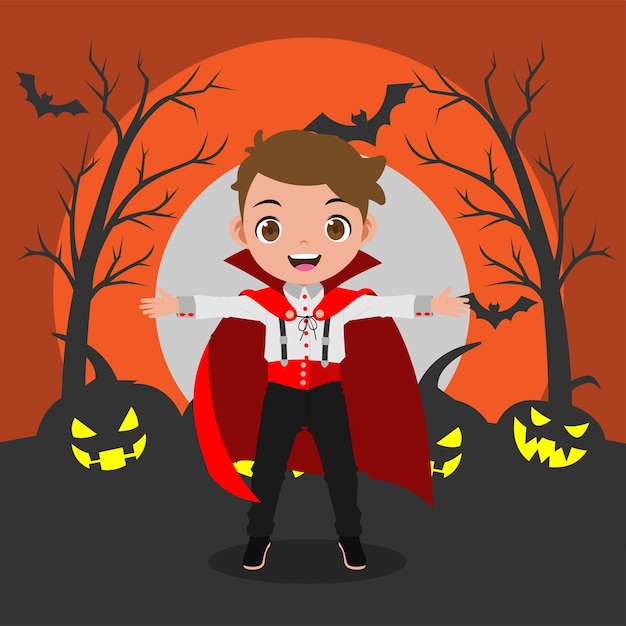 Vetor desenho de ilustração de fundo de halloween dos desenhos animados garoto bonito sorrindo vestindo roupas principescas