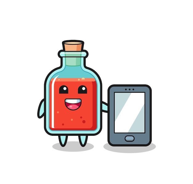 Desenho de ilustração de garrafa quadrada de veneno segurando um smartphone