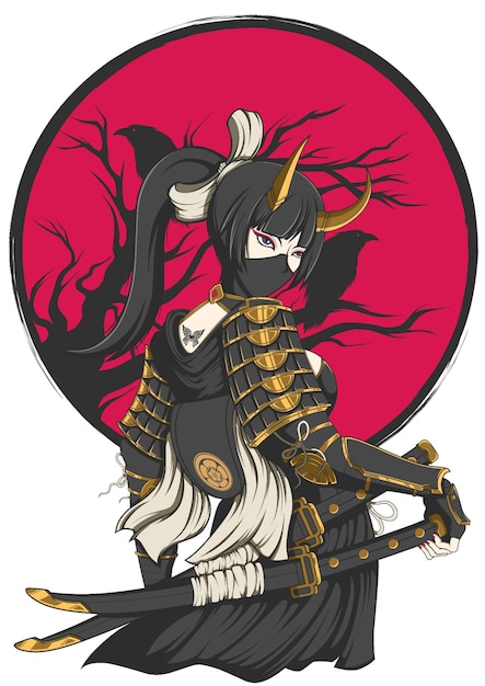 Desenho de ilustração de mascote de garota samurai