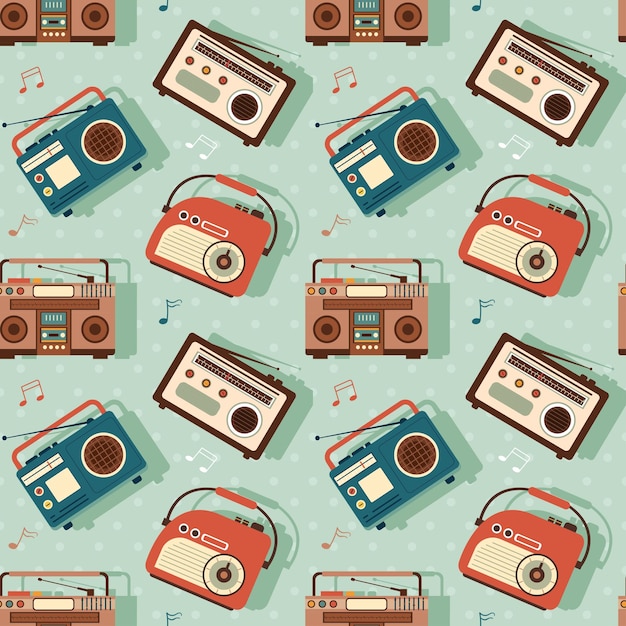 Desenho de ilustração de padrão sem costura de rádio com leitor para gravar e ouvir música