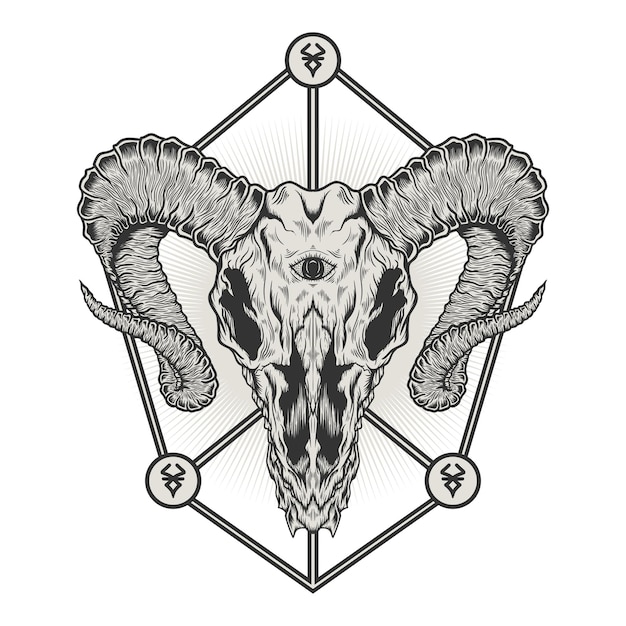 Desenho de ilustração detalhada de crânio de cabeça de cabra