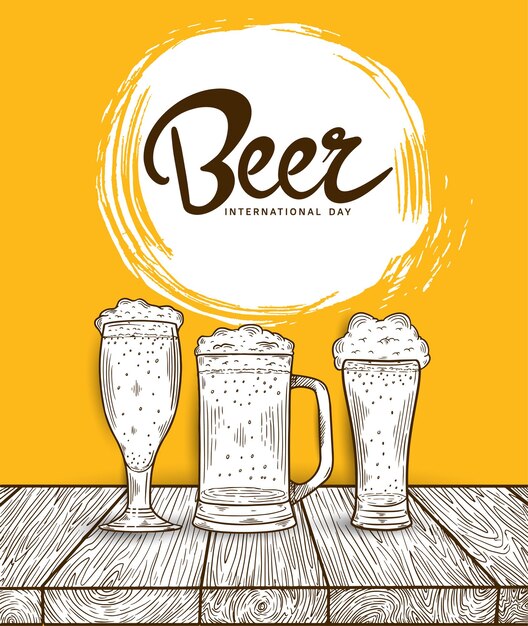 Vetor desenho de ilustração do dia internacional da cerveja com copo e caneca de cerveja