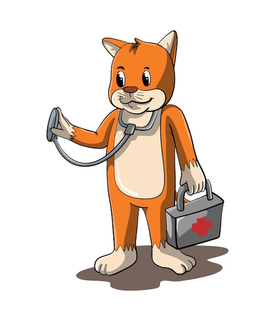 Desenho de ilustração dos desenhos animados de um gato fofo carregando um estetoscópio e equipamento médico