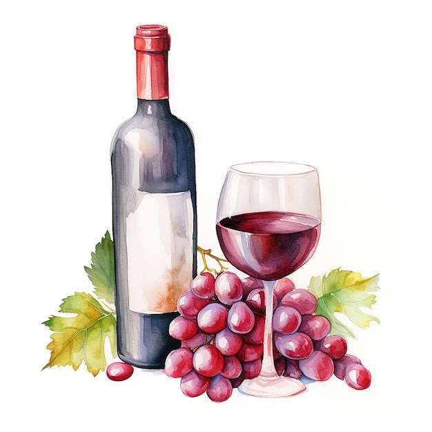 Desenho de ilustração em aquarela de vinho tinto e taças