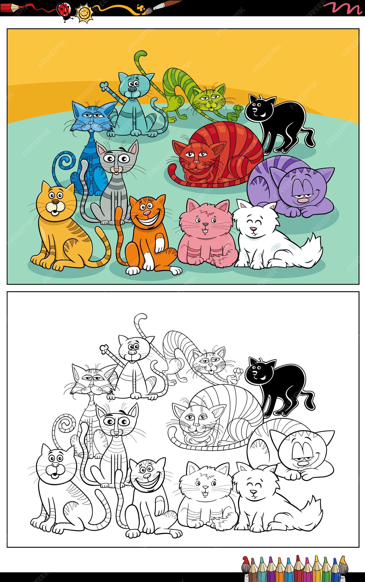 Desenho De Desenhos Animados Gatos Personagens Animais Grupo Página Para  Colorir Sentar Educação Clipart Vetor PNG , Desenho De Gato, Desenho De  Carro, Desenho De Desenho Animado Imagem PNG e Vetor Para