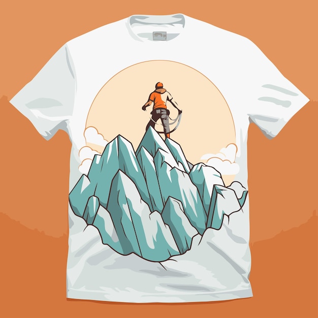 Vetor desenho de impressão de camiseta com um alpinista no topo de uma montanha
