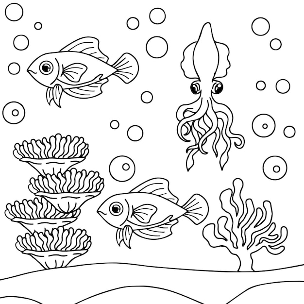 Desenho de impressão de desenho de desenho de peixe aquático para colorir para criança