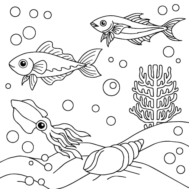 Desenho de impressão de desenho de desenho de peixe aquático para colorir para criança