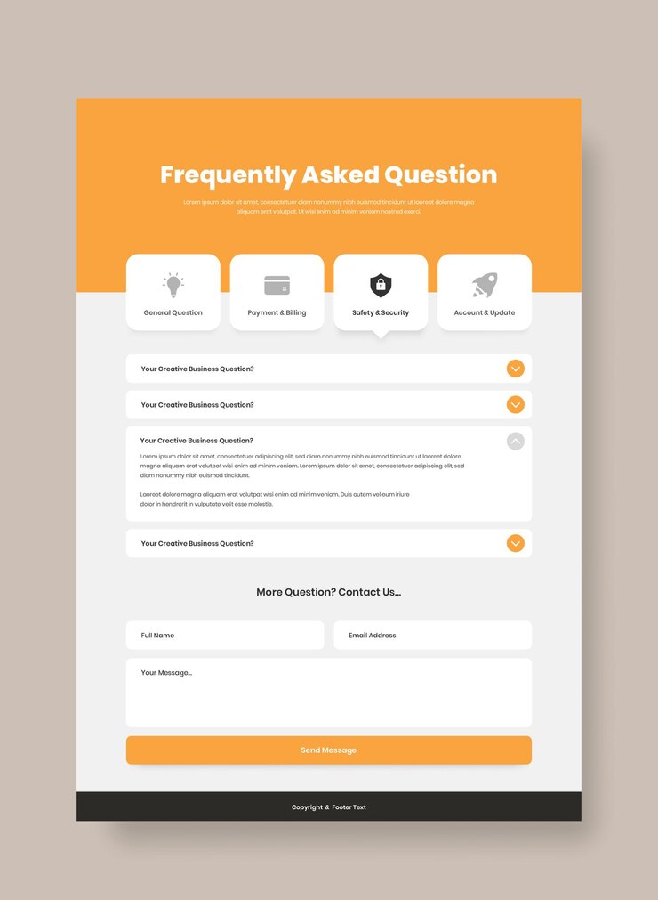 Vetor desenho de interface web profissional de perguntas frequentes ou páginas de faq com formulário de contato