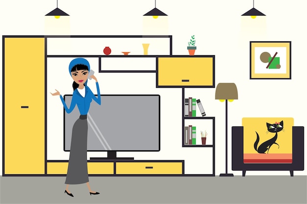Desenho de interiores de sala de estar gráfico de desenho animado com móveis, gato na cadeira e mulher com telefone inteligente