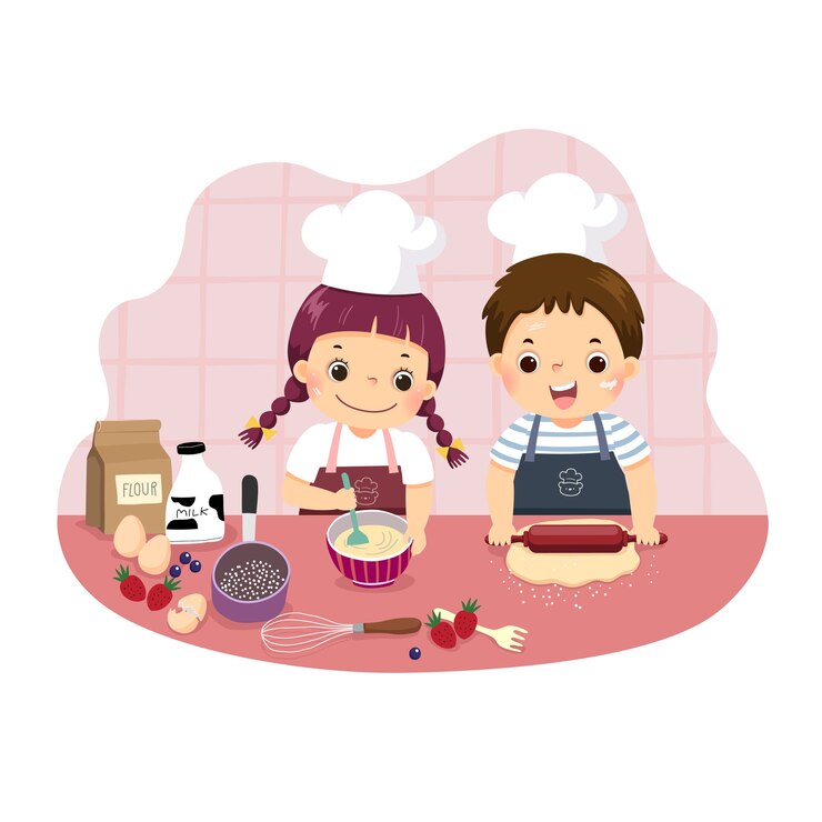 Vetor desenho de irmãos assando juntos no balcão da cozinha. crianças fazendo tarefas domésticas no conceito de casa.