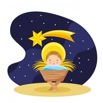 Desenho de jesus bebê feliz na noite | Vetor Premium