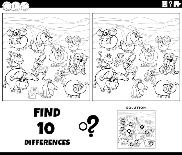 Desenho de jogo de diferenças com animais de desenho animado para colorir