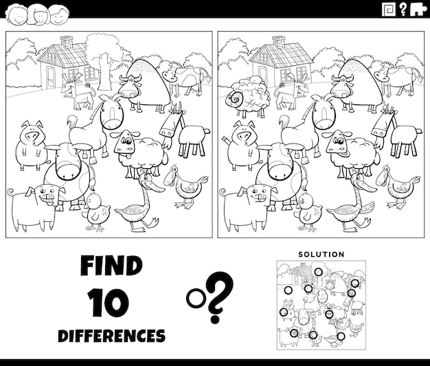 Desenho de jogo de diferenças com animais de fazenda dos desenhos animados para colorir