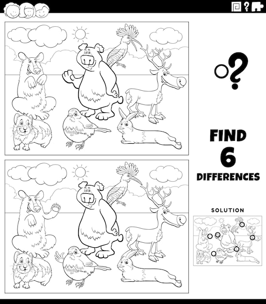 Desenho de jogo de diferenças com o grupo de personagens de desenhos animados para colorir