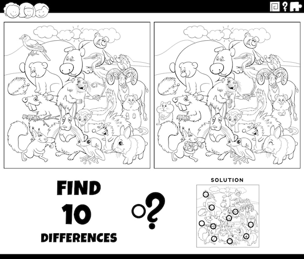 Desenho de jogo de diferenças com personagens de animais para colorir