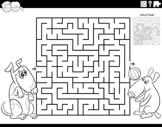 desenho de Jogo de labirinto com dois cães brincalhões de desenhos animados para colorir