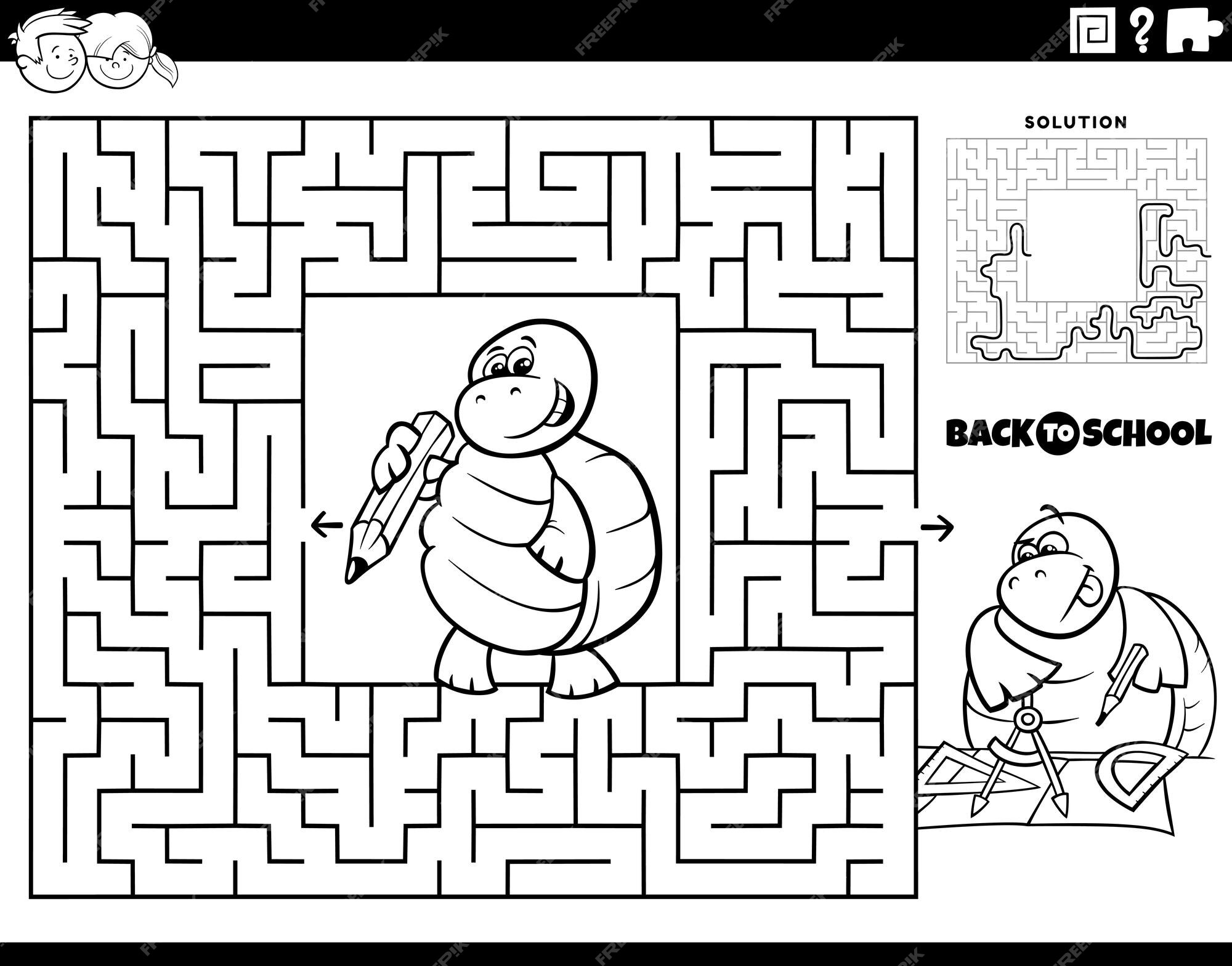 Jogo de labirinto com aluno de tartaruga de desenho animado indo para a  escola