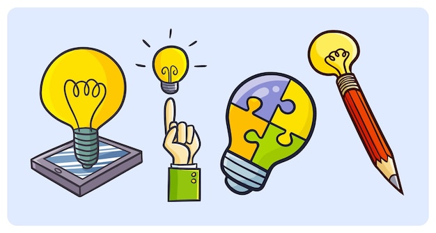 Desenho de lâmpada de bulbo engraçado para criatividade e ideia de conceito em estilo doodle