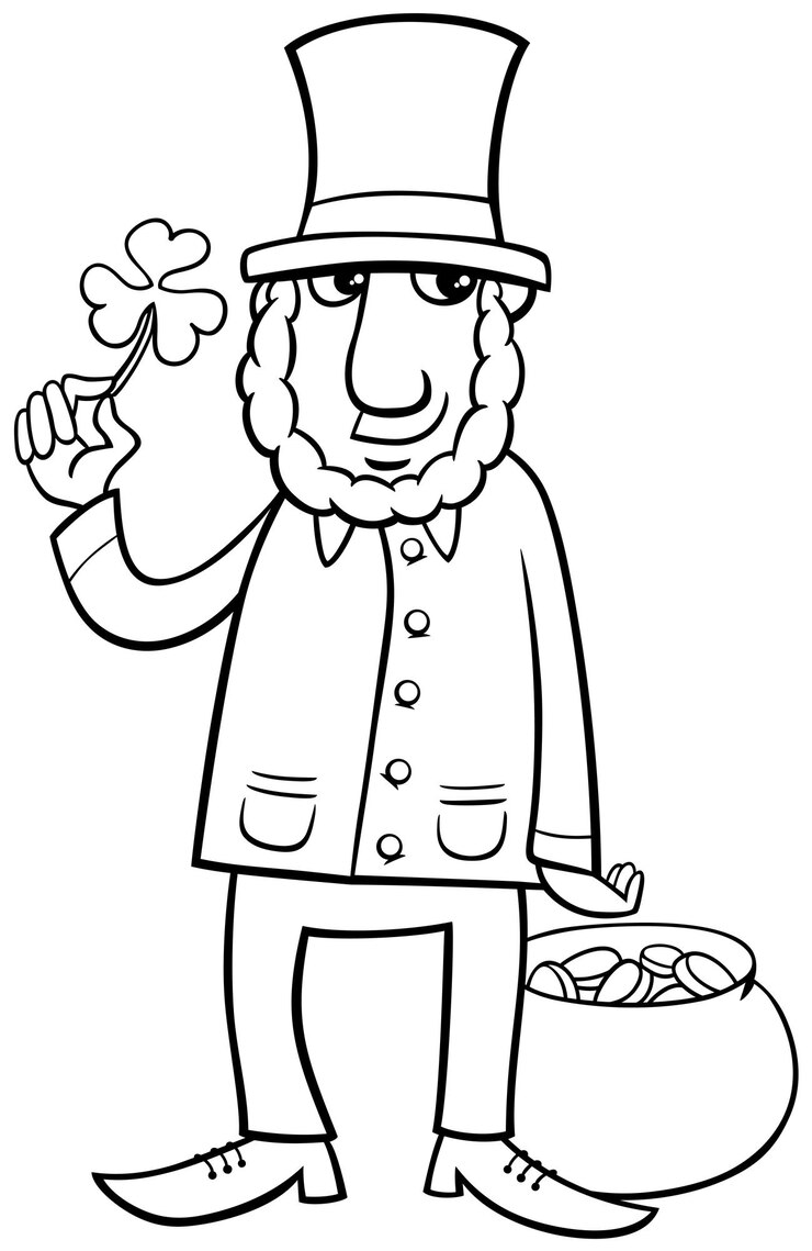 Vetor desenho de leprechaun de desenho animado com trevo no dia de são patrício para colorir
