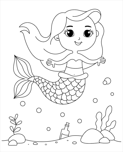 Desenho de linda pequena sereia com peixe para colorir para imprimir