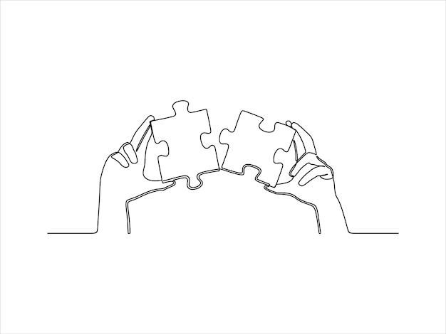 Desenho de linha contínua combinando duas peças de quebra-cabeça