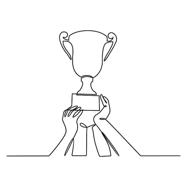 Desenho de linha contínua da equipe vencedora levantando o troféu