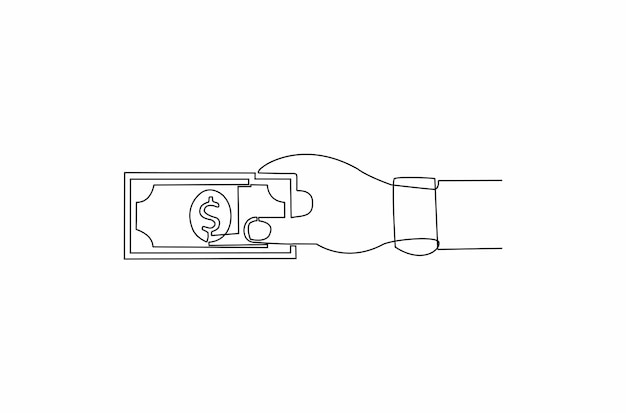 Desenho de linha contínua dá ou paga dinheiro e ilustração vetorial de conceito financeiro vetor premium