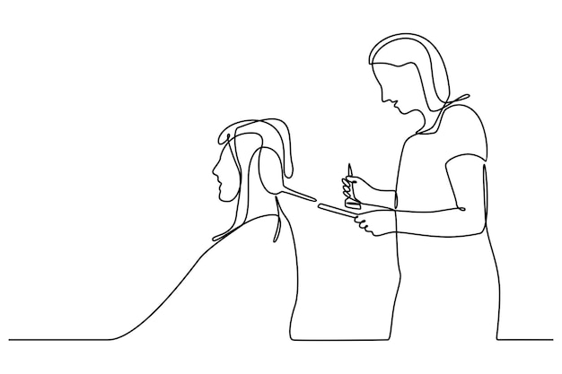 Desenho de linha contínua de cabeleireiro profissional aplicando tinta no vetor de cabelo dos clientes
