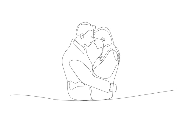 Desenho de linha contínua de casal se abraçam ilustração vetorial vetor premium