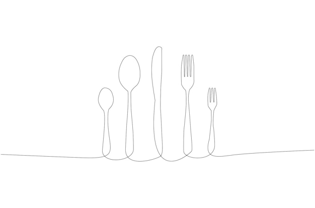 Desenho de linha contínua de colher faca e garfo utensílios de mesa ilustração vetorial vetor premium