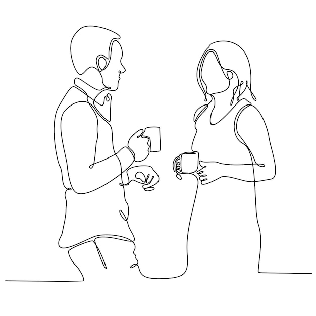 Desenho de linha contínua de dois empresários bebendo enquanto conversam sobre o trabalho do café