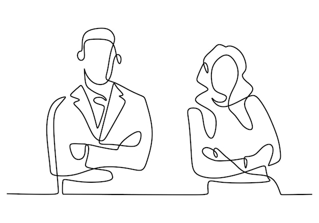 Desenho de linha contínua de duas pessoas de negócios em pé posam com os braços cruzados empresário e empresária em pé com pose suave e confiante ilustração em vetor design minimalismo